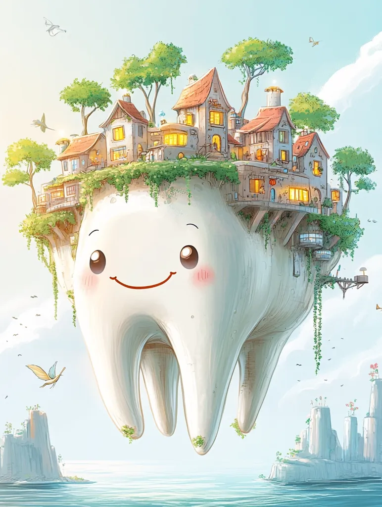 A whimsical illustration depicts a giant, smiling tooth floating above calm water.  A charming village, complete with houses, trees, and pathways, is nestled atop the tooth, creating a surreal and enchanting scene.  Small birds and butterflies add to the fantastical atmosphere.  The overall style is soft and dreamy, with pastel colors and delicate linework.