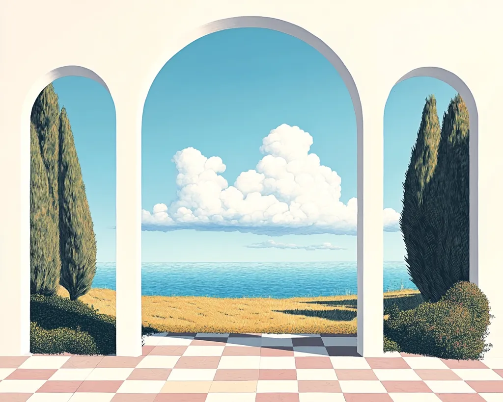 A serene coastal scene is framed by three arched openings in a white structure.  Tall, dark green cypress trees flank the central archway, which reveals a tranquil ocean under a partly cloudy sky.  A field of golden grass stretches between the water and the building.  The floor is a checkered pattern of pink and white tiles.  The overall style is minimalist and calming, evoking a sense of peaceful contemplation.