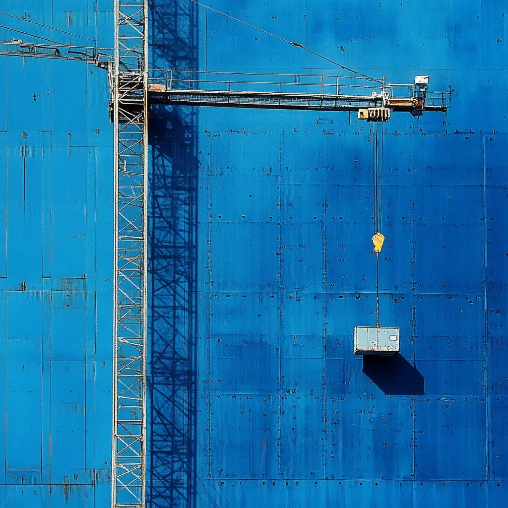 A construction crane's long arm extends horizontally against a vibrant blue wall, its shadow starkly contrasted. A small, light gray container hangs suspended from the crane's hook, mid-air. The blue wall's textured surface reveals a pattern of panels and rivets, adding depth and detail to the overall composition. The image portrays a moment of industrial stillness against a bold backdrop.