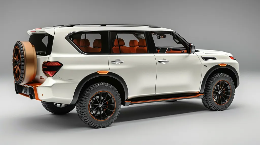 A rear three-quarter view of a white Nissan Patrol SUV concept.  It features off-road tires, a bronze spare tire mounted on the rear, and orange accents along the lower body. The interior is visible through the windows, showcasing orange leather seats.  The vehicle's design appears rugged and luxurious.