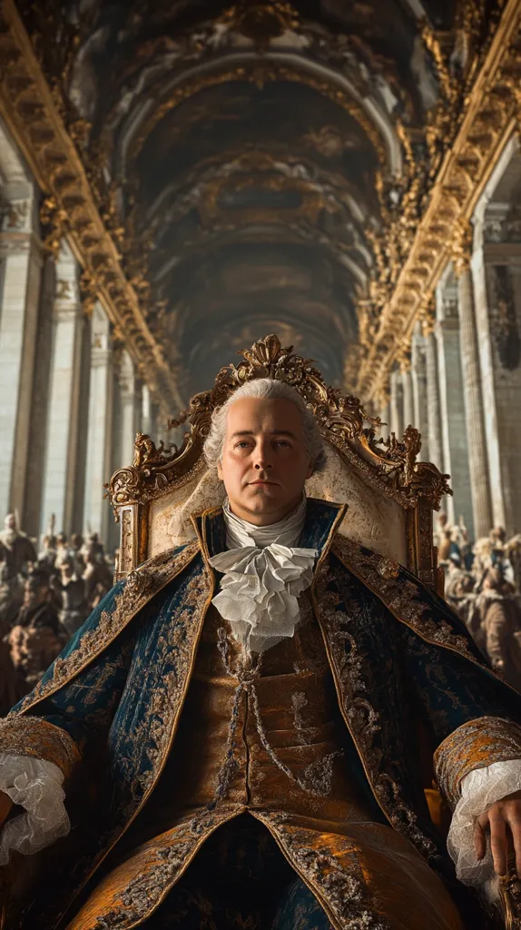 A man, seated on an ornate gold chair within a grand, opulent hall, is depicted. He is dressed in elaborate 18th-century attire: a dark blue velvet coat richly embroidered with gold, a gold waistcoat, and a white cravat. His powdered wig and serious expression contribute to a regal air. The background features a long perspective of a palatial interior with high ceilings and gilded detailing, suggesting a scene of power and authority.  The overall image evokes the grandeur of a historical European court.