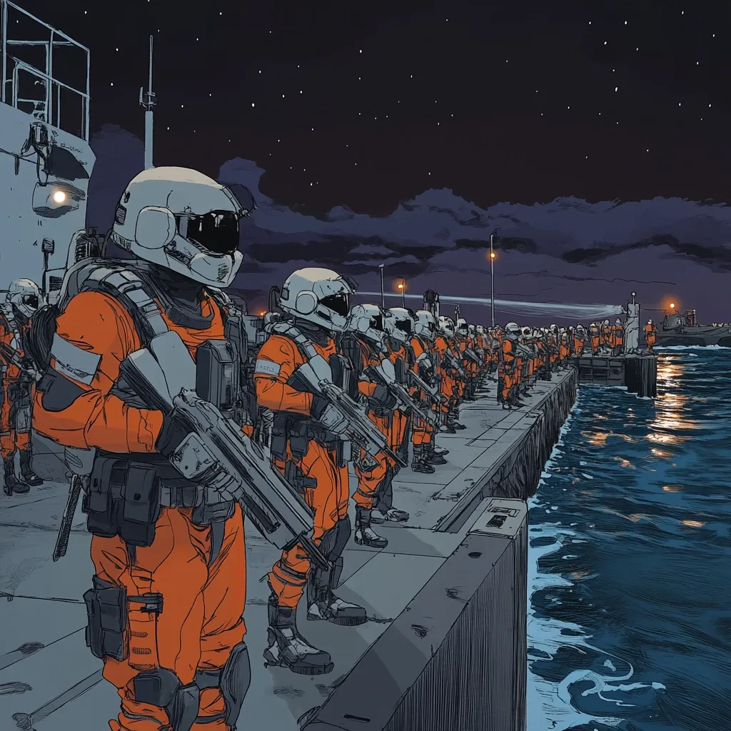 A long line of soldiers in orange futuristic suits and white helmets stands at attention on a dock at night.  They are armed with advanced weaponry.  A large vessel is visible in the background, and the dark water reflects the lights. The scene evokes a sense of military preparedness and anticipation.  The style is reminiscent of science fiction graphic novels.
