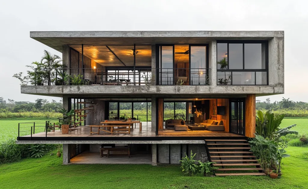 A modern, two-story concrete house sits on a grassy lawn.  Large windows offer expansive views of the surrounding rice paddy fields.  A wooden deck wraps around the lower level, leading to wooden stairs.  The home features a minimalist design with clean lines and a blend of concrete and wood, complemented by lush tropical landscaping.  Interior lighting creates a warm glow, visible through the extensive glass walls.