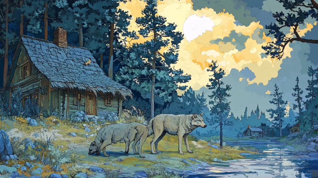 A rustic log cabin with a thatched roof sits nestled in a serene forest beside a calm river.  Two wolves, one larger than the other, stand near the cabin, bathed in the soft light of a setting sun or rising moon.  The sky is a blend of muted yellows and blues, with fluffy clouds adding depth to the scene.  Other small cabins are visible in the distance, enhancing the secluded atmosphere of the illustration.