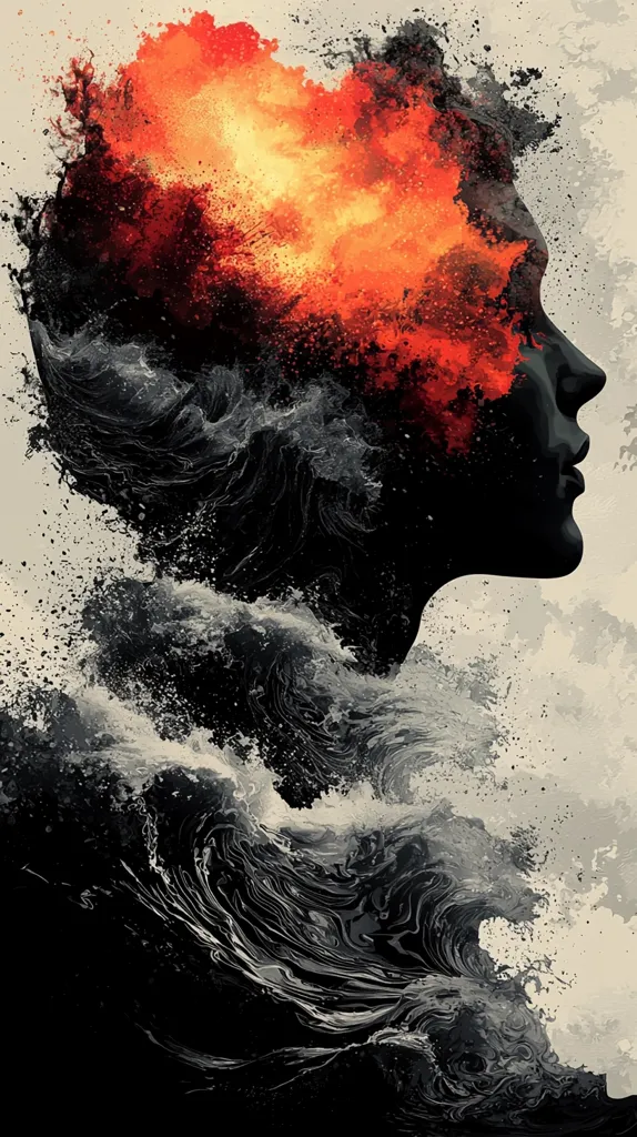 An abstract portrait blends a woman's profile with turbulent waves and fiery explosions.  The fiery orange and red hues erupt from within her head, contrasting sharply with the dark, swirling grayscale of the ocean-like imagery engulfing her form. The overall effect is dramatic and evocative, suggesting inner turmoil or powerful emotions.  The style is painterly and expressive, utilizing texture and color contrasts to create a striking visual impact.