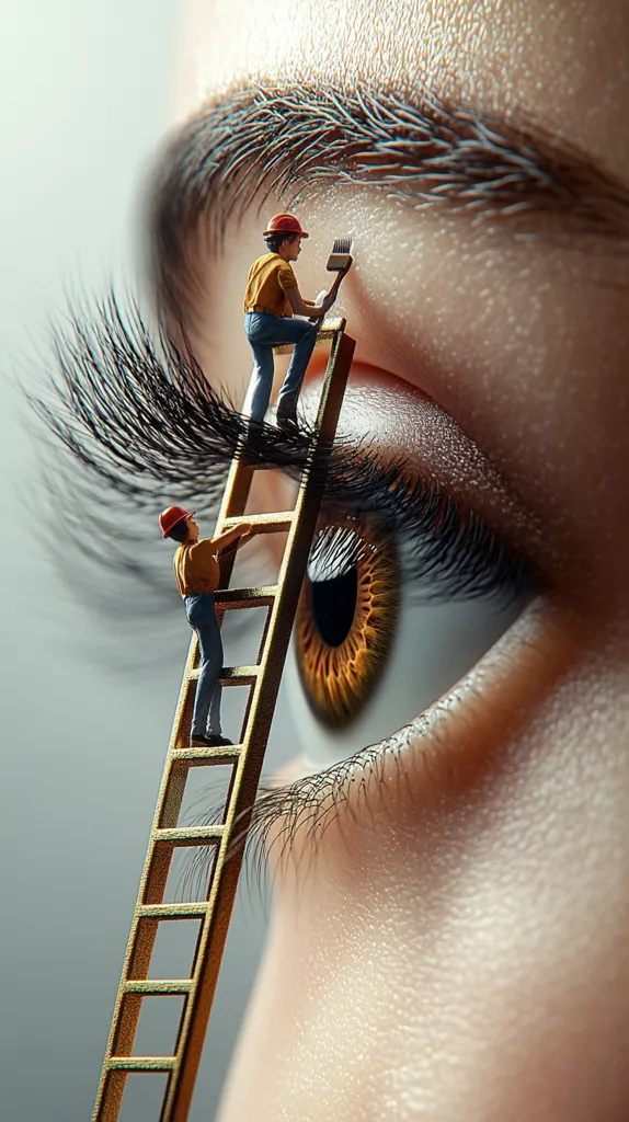 A surreal close-up of an eye, with miniature figures using a ladder to work on the eyebrow. One figure appears to be painting or grooming the brow hairs. The image creates a striking contrast between the immense scale of the eye and the tiny workers, emphasizing the detail and artistry of the human face. The gold ladder adds a touch of whimsy and elegance to the scene.