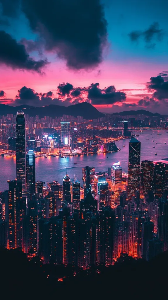 A breathtaking panoramic view of a vibrant city skyline at sunset.  Tall skyscrapers are illuminated against a backdrop of pink and purple clouds.  The city stretches out to a dark body of water, dotted with boats.  Mountains loom in the distance, completing the dramatic scene.  The image evokes a sense of awe and urban beauty.