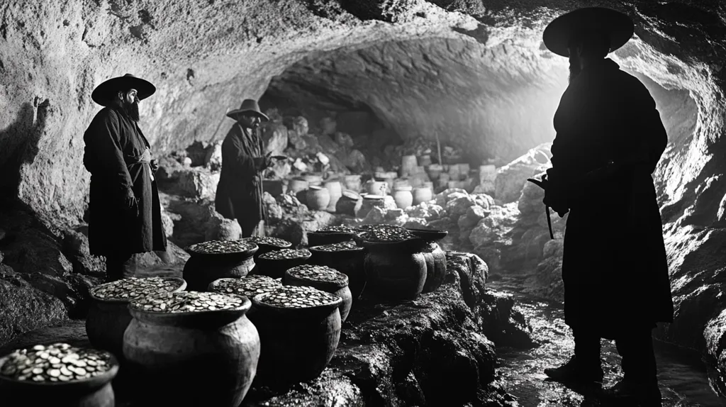A black and white photograph depicts three men in traditional garb within a dimly lit cave.  Large clay pots overflowing with coins are arranged throughout the cavern. The men appear to be overseeing or guarding the treasure.  The scene evokes a sense of mystery and historical significance, possibly depicting a hidden hoard or a clandestine operation.  One man stands in shadow, silhouetted against the light.