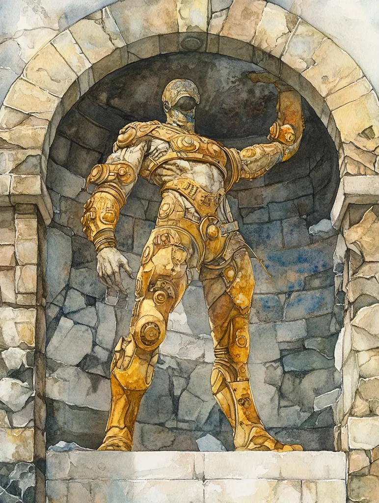 A watercolor painting depicts a golden robotic figure standing within a weathered stone archway. The robot's design is intricate, with visible mechanical details and a helmet-like head covering its face.  The archway is partially ruined, revealing the rough stonework behind. The overall style is reminiscent of fantasy art or science fiction illustration, blending futuristic technology with ancient architecture. The color palette is primarily earth tones, with the gold of the robot contrasting against the grey and brown of the stone.