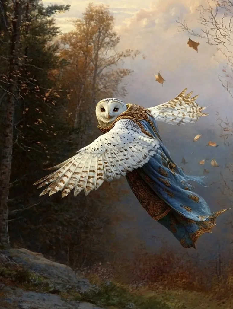 A majestic snowy owl, adorned in a flowing blue and gold robe, gracefully soars through an autumnal landscape.  Falling leaves swirl around it as it glides past a dark forest, the setting sun casting a warm glow on the scene. The owl's feathers are exquisitely detailed, and its expression is serene and wise. The overall image evokes a sense of magical realism and tranquility.