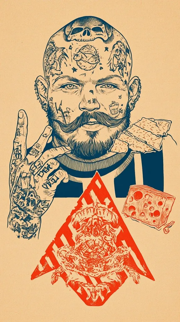 A heavily tattooed man with a skull tattooed on his head is depicted in a vintage-style illustration.  His hands are also extensively tattooed, and he holds slices of what appears to be cheese.  Below him, a stylized frog or toad is featured within a red diamond shape, alongside a block of cheese.  The overall style is bold and graphic, using a limited color palette of blue, red, and beige.
