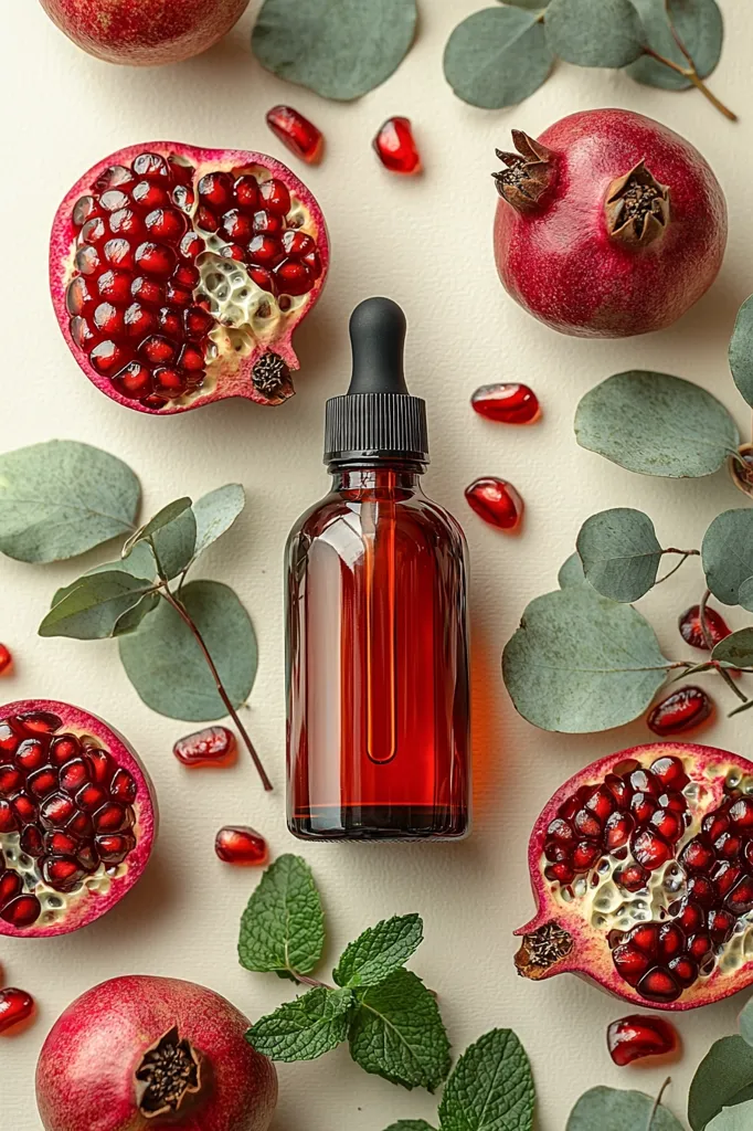 A bottle of amber-colored essential oil sits at the center of a flat lay.  Surrounding it are halved pomegranates showcasing their vibrant red arils, whole pomegranates, sprigs of eucalyptus, and fresh mint leaves. The scene is arranged on a light beige background, creating a visually appealing and natural composition, suggestive of a beauty or wellness product.