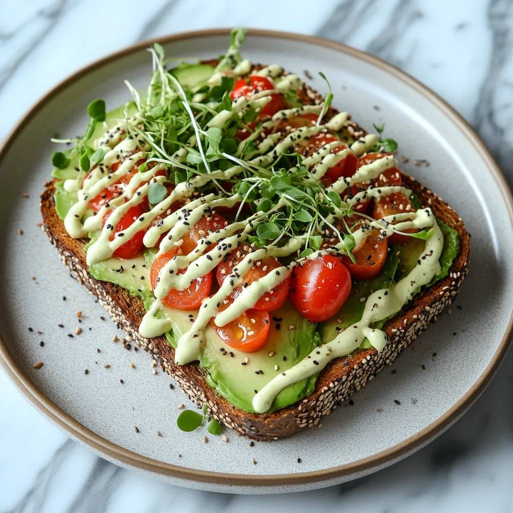 A slice of toasted bread is topped with mashed avocado, halved cherry tomatoes, a creamy green sauce, microgreens, and a sprinkle of black and white sesame seeds.  The vibrant colors and fresh ingredients create a visually appealing and healthy-looking open-faced sandwich, presented on a light gray plate.