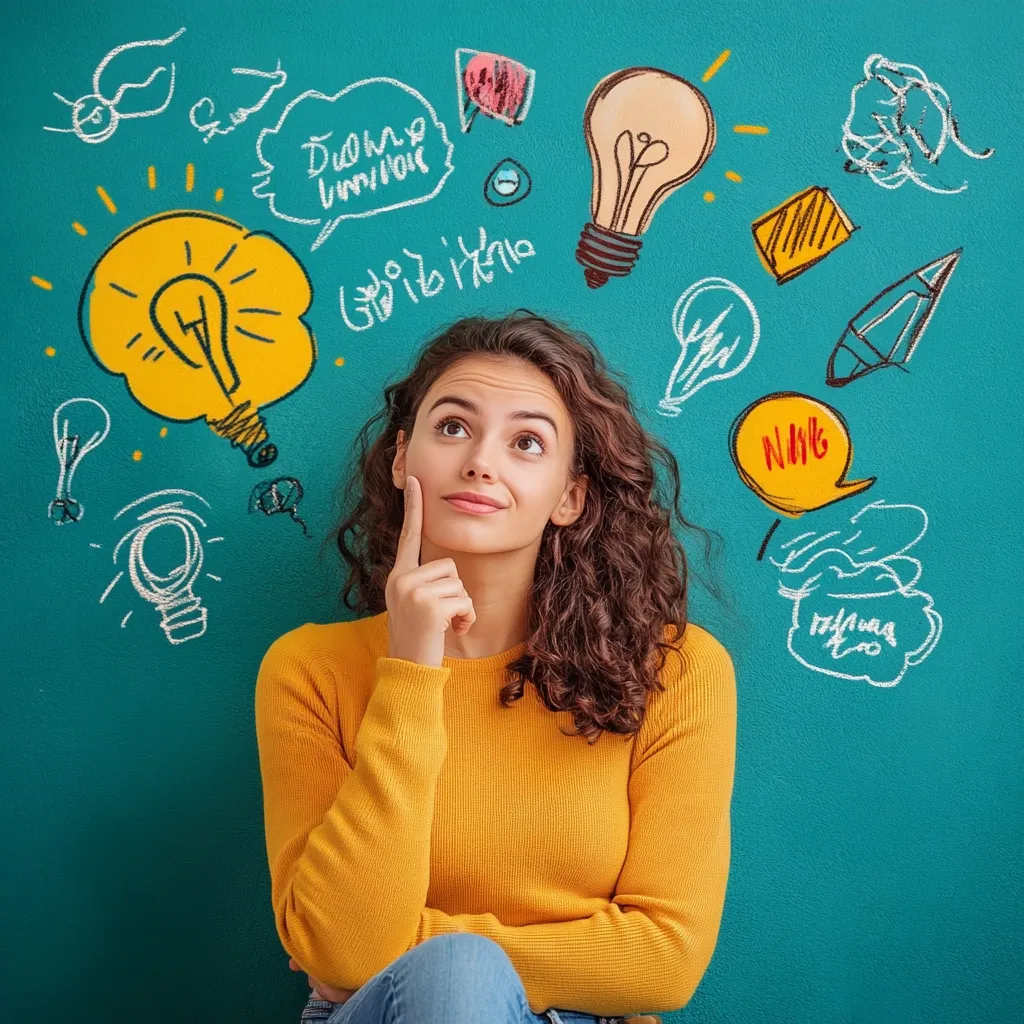 A young woman with curly brown hair, wearing a mustard yellow sweater and jeans, sits against a teal wall.  She's thoughtfully touching her chin, gazing upward at numerous hand-drawn lightbulbs and creative doodles surrounding her head.  The drawings suggest brainstorming and idea generation. The overall image conveys inspiration and creative thinking.