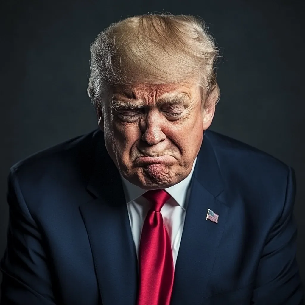 Close-up portrait of Donald Trump, his head bowed.  His expression is one of sadness or disappointment, his eyes are partly closed, and his mouth is downturned in a frown. He's wearing a dark blue suit, crisp white shirt, and a red tie. A small American flag pin is visible on his lapel. The background is a muted dark gray.  The overall mood is somber and contemplative.