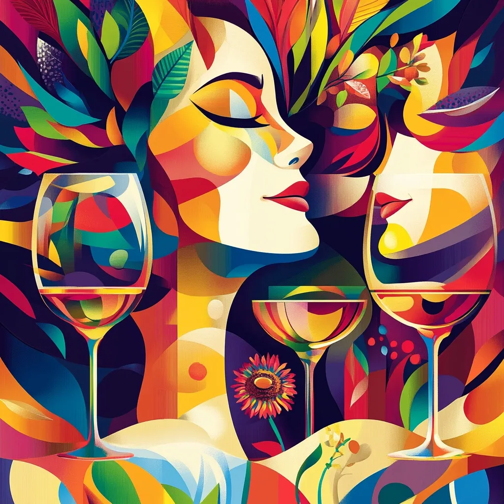 A vibrant, abstract artwork features two stylized female faces, their forms interwoven with bold, colorful shapes and floral elements.  Three wine glasses, filled with different colored liquids, are positioned amongst the figures.  The overall style is bold and expressive, combining elements of cubism and art nouveau.  The image is rich with saturated hues and dynamic lines.