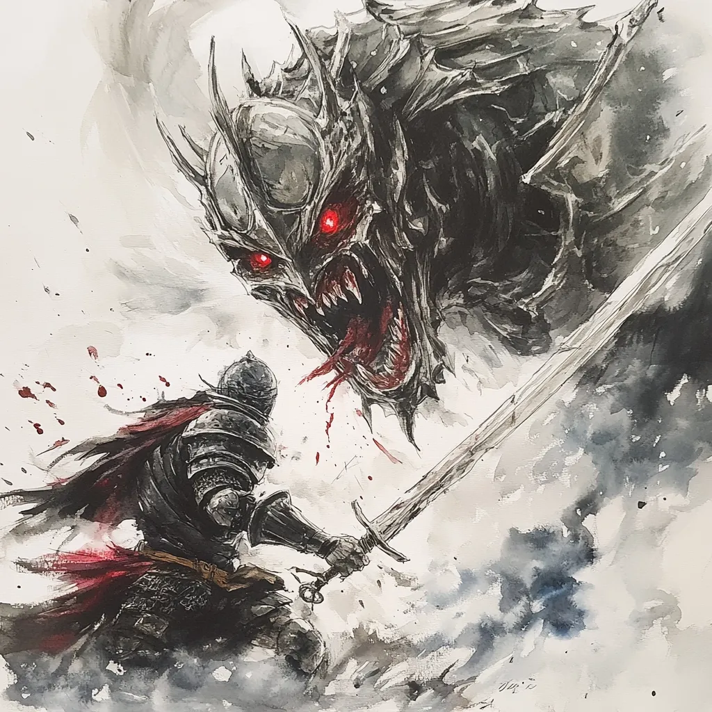 A watercolor painting depicts a fierce battle between a knight and a monstrous dragon.  The knight, clad in dark armor with a crimson cloak, bravely faces the dragon, wielding a long sword. The dragon, with glowing red eyes and a terrifying maw, lunges forward.  Blood spatters the scene, adding to the intensity of the dramatic confrontation. The style is evocative of Eastern ink wash painting, with washes of grey and black creating a powerful atmosphere.
