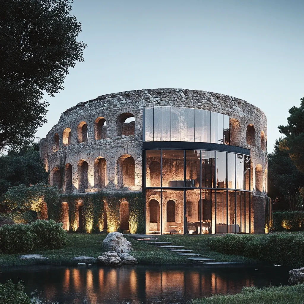 A modern glass structure is seamlessly integrated into the ruins of a circular stone amphitheater.  Illuminated from within, the contemporary interior contrasts beautifully with the aged exterior.  The building sits serenely beside a tranquil pond, surrounded by lush greenery and carefully placed landscaping elements, creating a harmonious blend of old and new architecture.