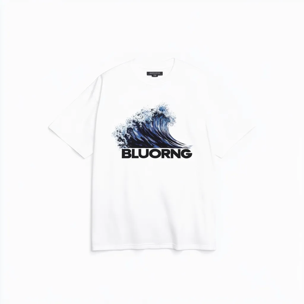 A white t-shirt features a graphic design of a stylized ocean wave in shades of blue.  The word "BLUORNG" is printed below the wave in bold, black lettering. The shirt has short sleeves and a relaxed fit, suggesting casual wear. The overall aesthetic is minimalist and modern.