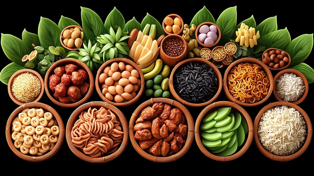 A vibrant arrangement of various foods in small, rustic bowls is displayed against a black background.  The bowls are nestled amongst green leaves and contain an assortment of ingredients, including rice, pasta, meat, eggs, beans, and fruits. The overall composition suggests a diverse and colorful culinary spread.  The image's style is highly stylized, with a focus on texture and color.
