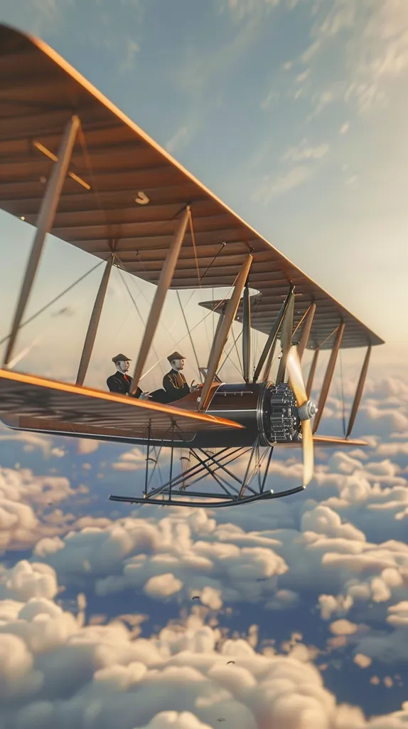 A vintage biplane soars through a breathtaking expanse of fluffy clouds under a serene sky.  Two pilots in period attire are seated in the open cockpit, their faces partially visible. The sunlight casts a warm glow on the wooden frame of the aircraft, emphasizing its classic design and the sense of adventure.  The scene evokes a feeling of nostalgic freedom and the pioneering spirit of early aviation.