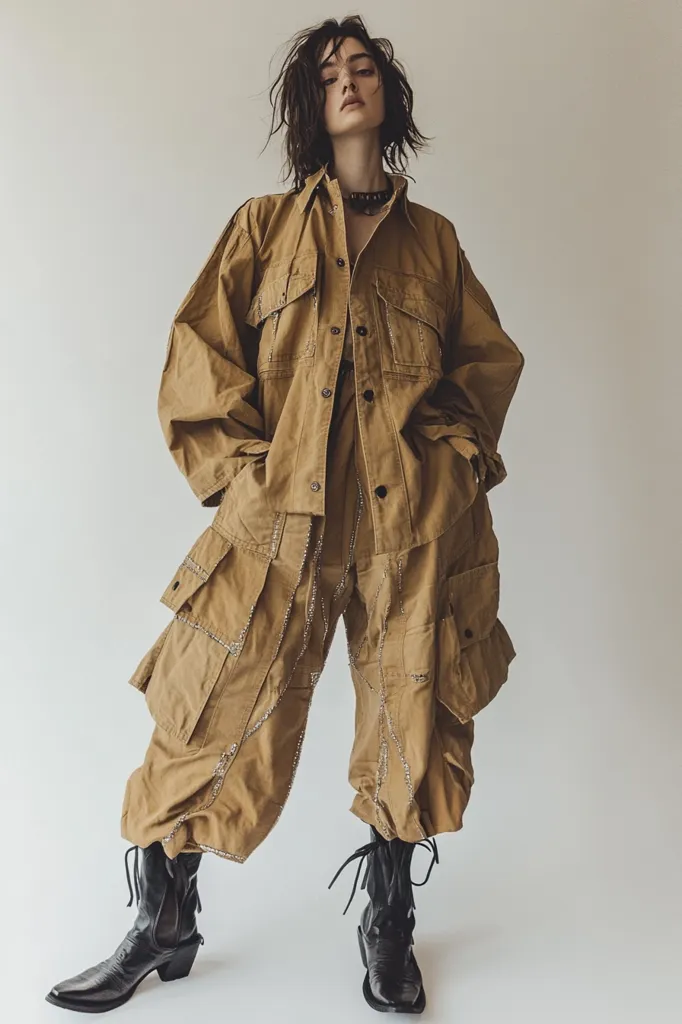 A fashion model with short brown hair wears a tan, embellished utility jumpsuit. The oversized jumpsuit features multiple pockets and a relaxed fit.  The model also wears black, lace-up boots. The overall aesthetic is edgy and contemporary with a hint of grunge.