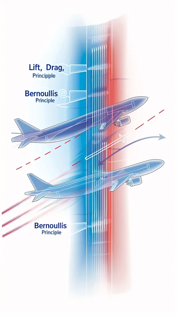 The diagram illustrates Bernoulli's principle in relation to aircraft lift and drag.  Two airplanes are shown; one demonstrates lift generated by faster airflow over the curved upper wing surface, creating lower pressure and upward force.  The other depicts drag, caused by air resistance against the plane's body.  The colored airflow patterns visualize the pressure differentials, highlighting the principle's impact on flight.