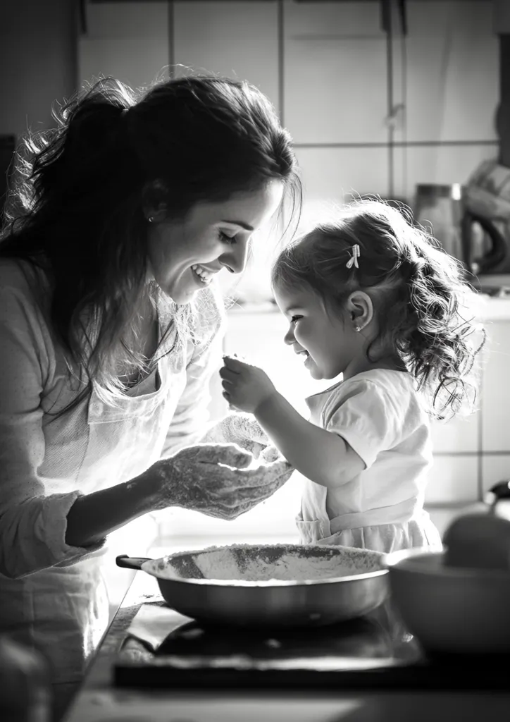 A black and white image captures a heartwarming moment between a mother and her young daughter.  They are joyfully covered in flour, engrossed in baking together in their kitchen. The mother smiles down at her child, who beams with delight as they share the activity. The scene is intimate, radiating love and the joy of shared experiences.  The focus is on their connection and the simple pleasure of cooking.