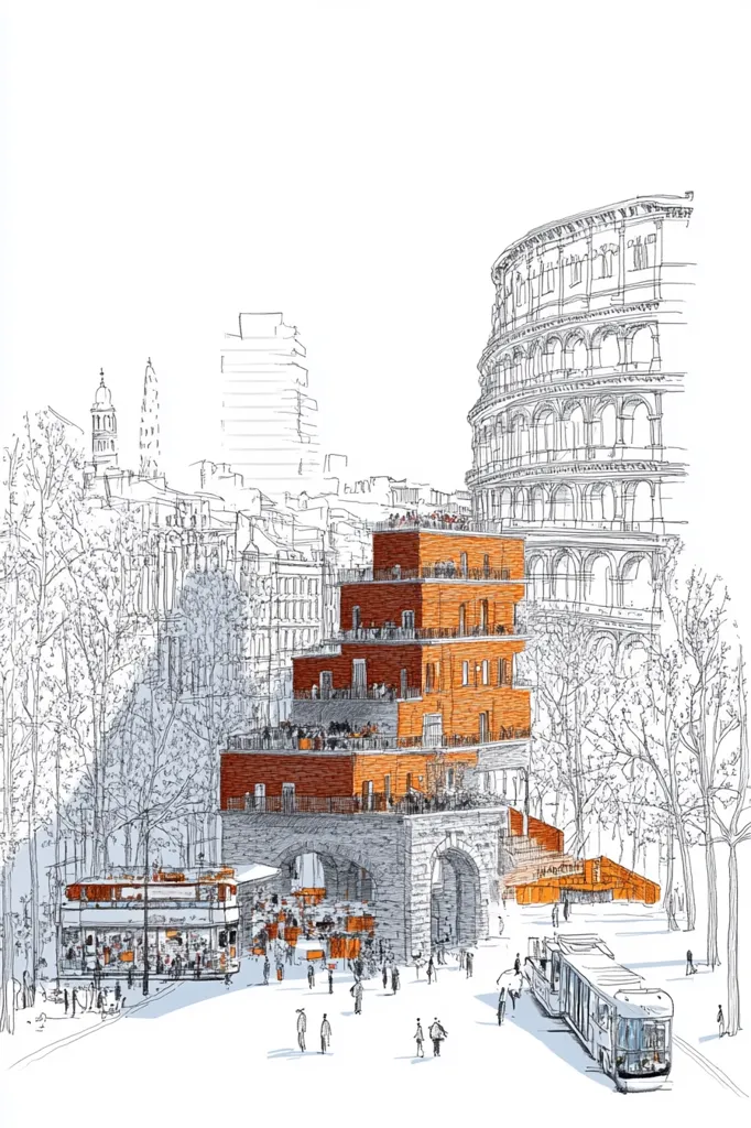 A sketch depicts a modern, orange-brick building with multiple levels of outdoor terraces, situated within a cityscape.  The building features an archway at its base, and is surrounded by people and transportation, including trams.  In the background, a detailed sketch of the Colosseum stands, adding a historical contrast to the contemporary architecture. The overall style is a blend of architectural rendering and urban sketching.