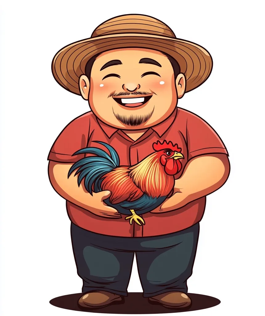 A cheerful, overweight cartoon farmer, wearing a straw hat and red shirt, gently holds a vibrant rooster.  The farmer's joyful expression and the rooster's detailed plumage create a friendly, wholesome image. The style is cartoonish and colorful, suggesting a lighthearted and possibly agricultural theme.