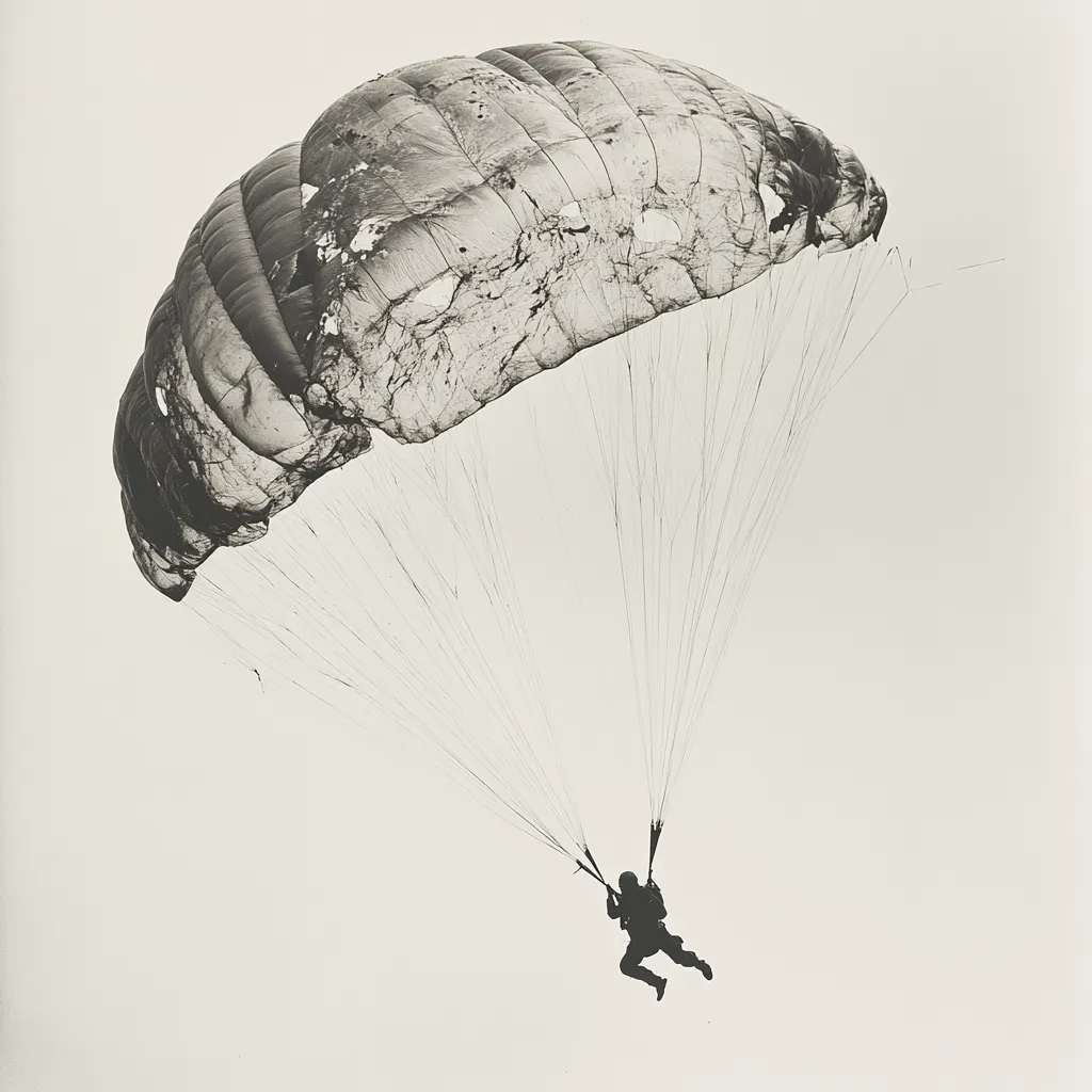 A black and white photograph captures a parachutist descending under a damaged parachute. The parachute's canopy is tattered and shows signs of wear, with numerous tears and holes visible.  The parachutist is silhouetted against the light background, their figure small compared to the large, distressed parachute. The image conveys a sense of precariousness and potential danger.