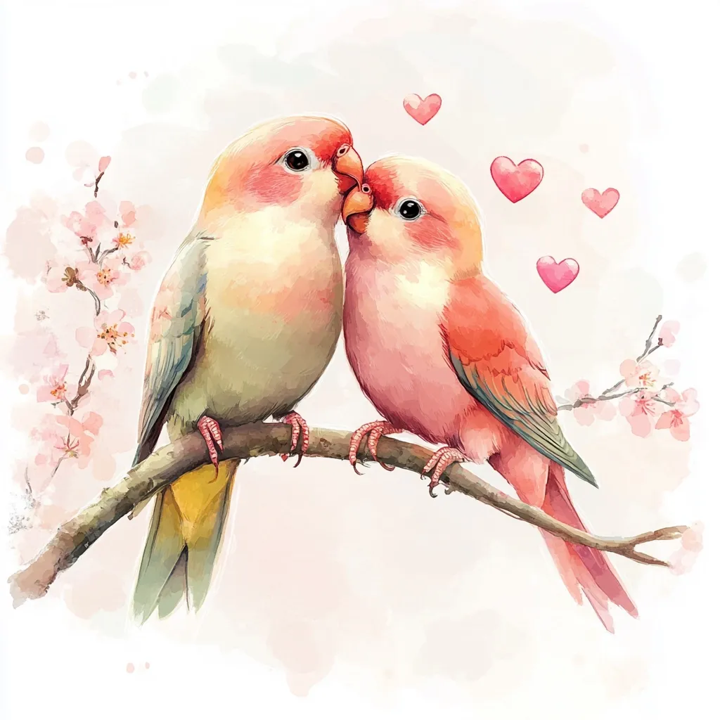 A watercolor painting depicts two lovebirds perched on a branch, their beaks gently touching.  Soft pastel colors of pink and green dominate the birds, contrasting with the delicate pink blossoms of a nearby cherry branch.  Small pink hearts float around the birds, symbolizing love and affection. The style is romantic and gentle, evoking feelings of tenderness and springtime.