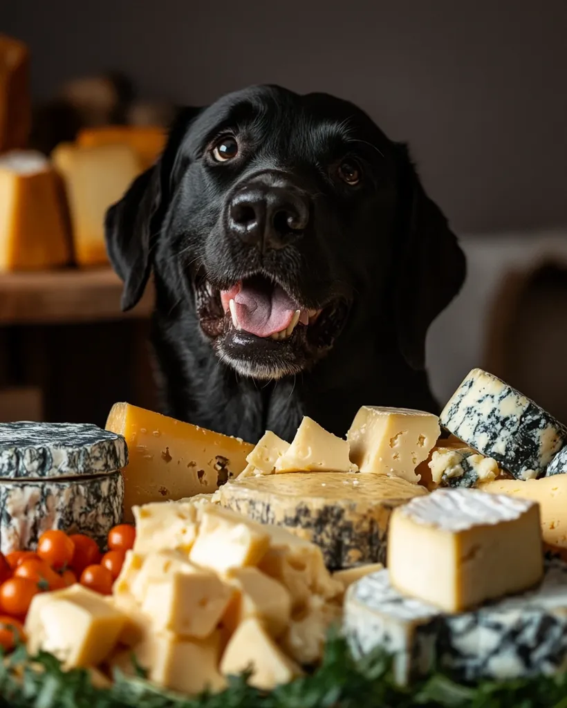 A black Labrador Retriever sits attentively in front of a delectable array of cheeses.  Various types are piled high, including aged cheddar, creamy camembert, and blue cheese.  A scattering of cherry tomatoes adds a pop of color to the scene. The dog's happy expression suggests a potential cheese-loving companion.