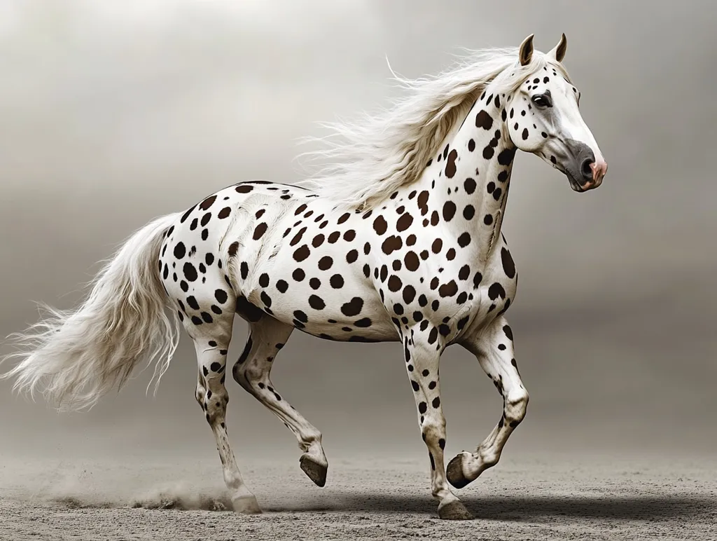 A stunning Appaloosa horse, predominantly white with large, dark brown spots, gallops across a sandy arena.  Its long, flowing white mane and tail stream behind it, creating a dynamic image. The horse is captured mid-stride, legs extended, showcasing its powerful movement against a muted grey backdrop. Dust rises from its hooves, adding to the feeling of motion and energy.