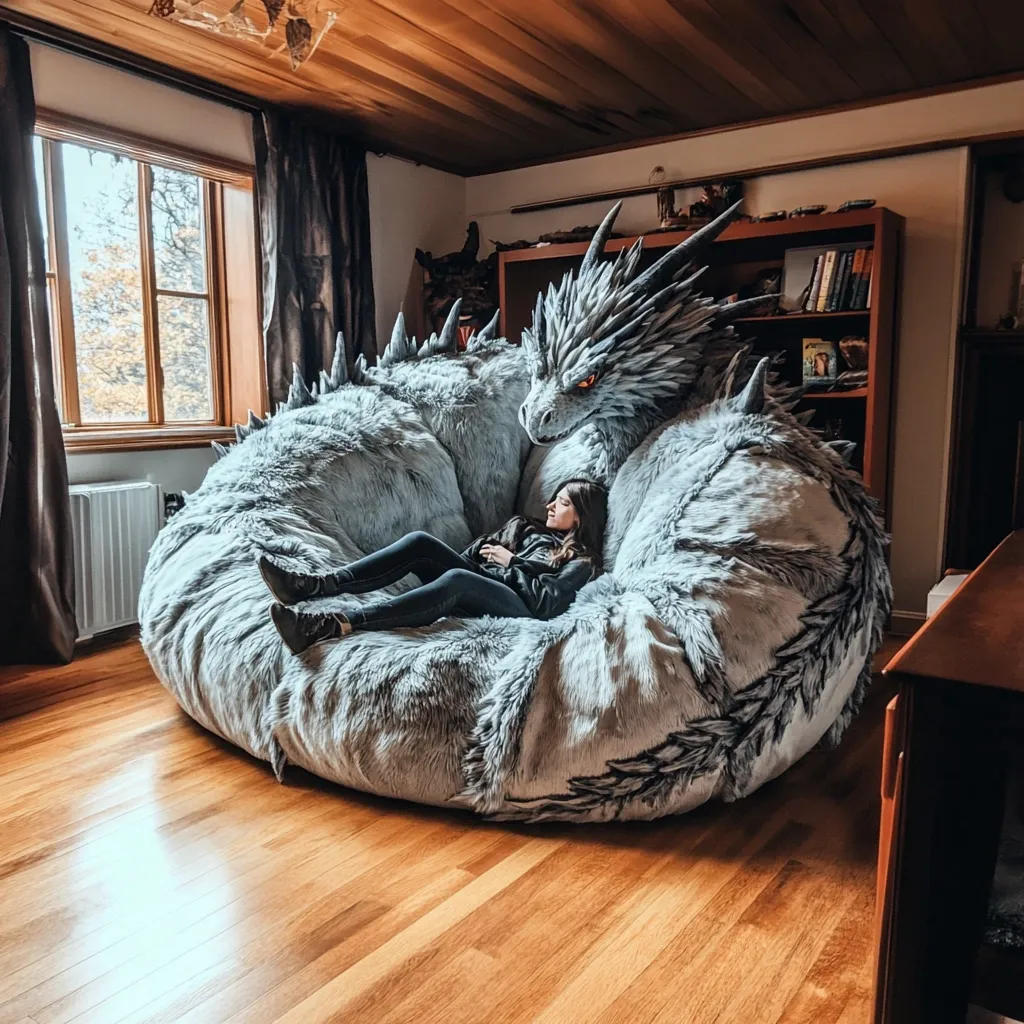 A young woman relaxes on a massive, plush dragon-shaped beanbag chair.  The light grey chair features detailed dragon scales and a head resting near the woman's head. The room is warmly lit, with wood floors and a large window overlooking a tree-lined landscape.  Bookshelves and dark curtains are visible in the background, creating a cozy and whimsical atmosphere.