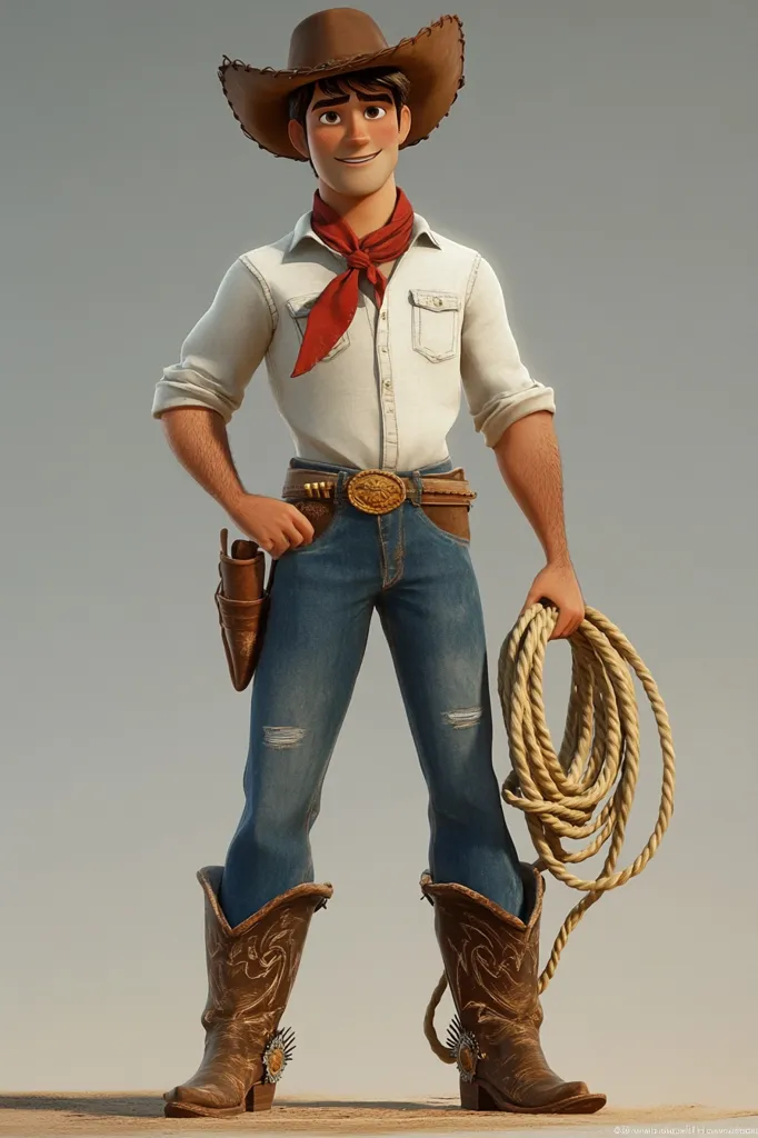 A 3D-rendered image showcases a charming cartoon cowboy. He's dressed in a light beige shirt, a red neckerchief, blue jeans with distressed details, a brown leather belt with a large buckle, and classic cowboy boots.  He holds a coiled rope in one hand and a holster is visible on his hip. His amiable expression and attire convey a friendly, approachable character.