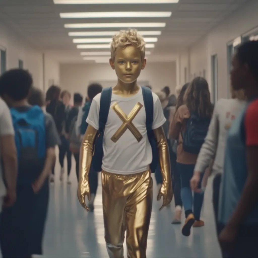 A young boy, his skin and clothing shimmering gold, walks confidently down a school hallway. He wears a white shirt with a large gold 'X' and a backpack.  Other students, blurred in the background, are seemingly oblivious to his unique appearance. The scene is lit with a soft, almost ethereal glow, highlighting the boy's golden attire.  The overall atmosphere is one of quiet mystery and intrigue.