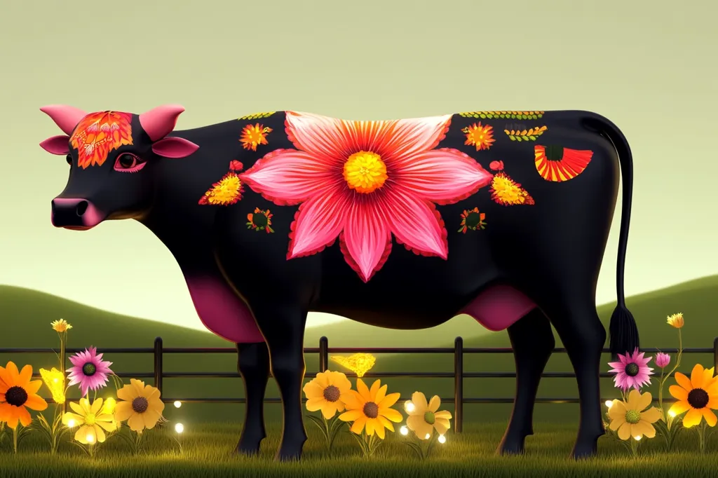 A black cow, adorned with vibrant pink and orange floral designs, stands in a field.  The flowers, painted onto its coat, are large and detailed, creating a striking contrast against the dark fur.  The cow is positioned against a simple fence, with smaller wildflowers blooming at its feet, creating a peaceful, pastoral scene. The background features a soft, muted landscape.