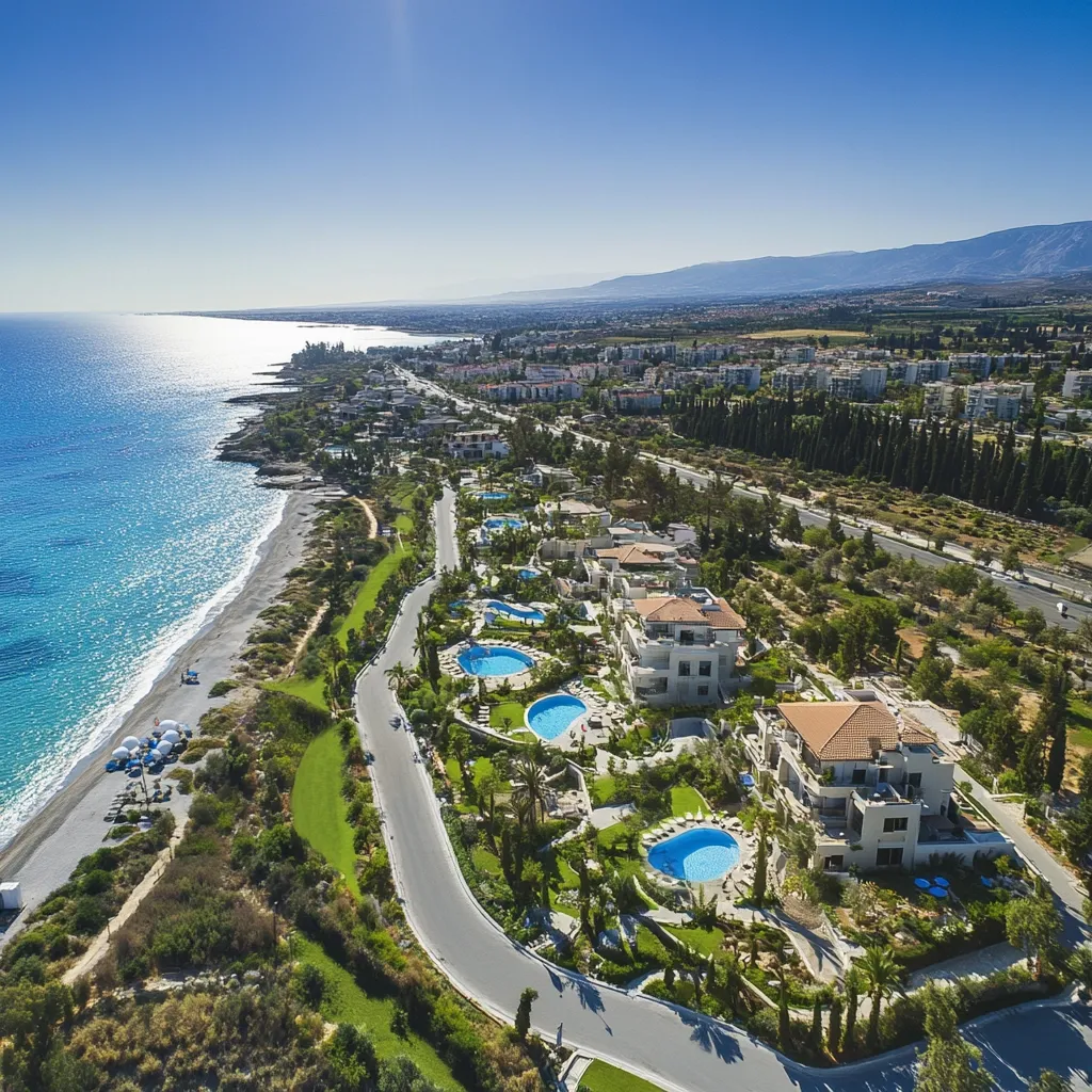 An aerial view showcases a luxurious coastal resort.  Modern, light-colored buildings with private pools are nestled amidst lush landscaping, cascading down towards a pristine sandy beach and turquoise sea.  A winding road connects the resort to a larger town visible in the background, under a clear blue sky. The scene exudes tranquility and upscale living.