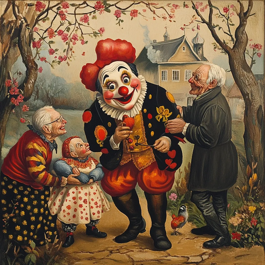 A whimsical painting depicts a clown in elaborate attire interacting with three elderly people.  Two women, one holding a small child in a floral dress, observe the clown who holds a small object. An elderly man stands beside the clown, appearing amused.  The scene is set in a picturesque garden with blooming trees and a house in the background, creating a charming and slightly surreal atmosphere.