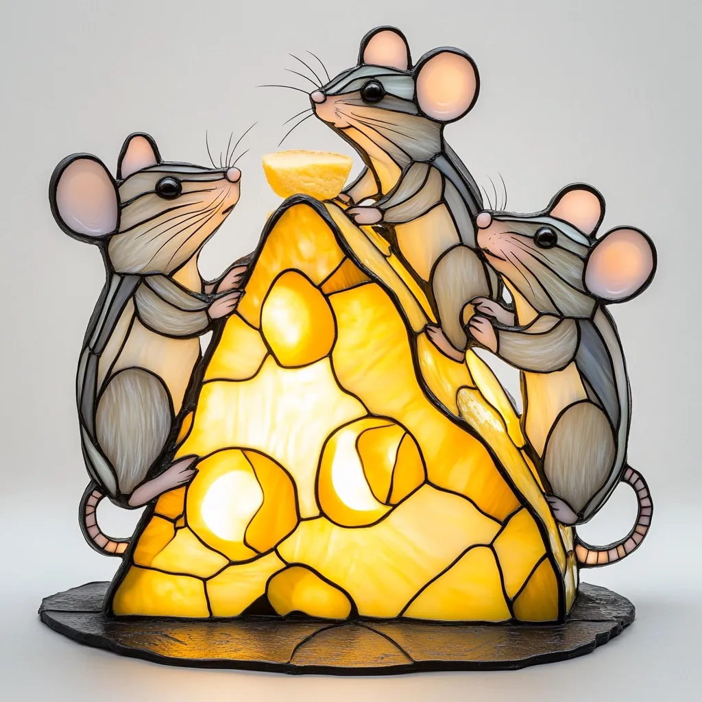 A charming Tiffany-style lamp depicts three mice playfully interacting with a large wedge of cheese.  The mice, crafted from stained glass in shades of grey and white, appear to be climbing and exploring the illuminated cheese. The cheese itself is a vibrant yellow, with individual holes detailed in the glasswork.  The lamp rests on a dark, slate-like base.