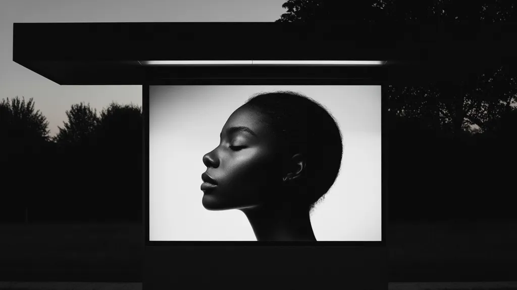 A black and white photograph of a young Black woman's profile is displayed on a large screen within a modern, dark bus shelter. Her eyes are closed, suggesting serenity.  The shelter is situated outdoors at dusk, with dark trees forming a backdrop. The image creates a stark contrast between the subject's soft features and the harsh lines of the architectural setting.