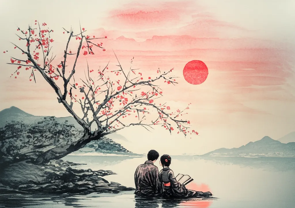 A serene watercolor painting depicts a couple seated by a tranquil lake, under a blossoming plum tree.  The setting sun casts a warm, pinkish glow across the mountains in the background. The couple, dressed in traditional East Asian attire, share a book, creating a peaceful and intimate scene.  The artwork's style is reminiscent of traditional East Asian painting techniques.