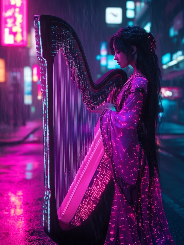 A woman in a vibrant purple, illuminated dress plays a futuristic harp on a rain-soaked cyberpunk street.  Neon signs cast a pink and purple glow on the scene. The harp itself is modern and sleek, with glowing lines embedded in its design, matching the woman's attire. The overall atmosphere is one of serene beauty within a technologically advanced urban environment.