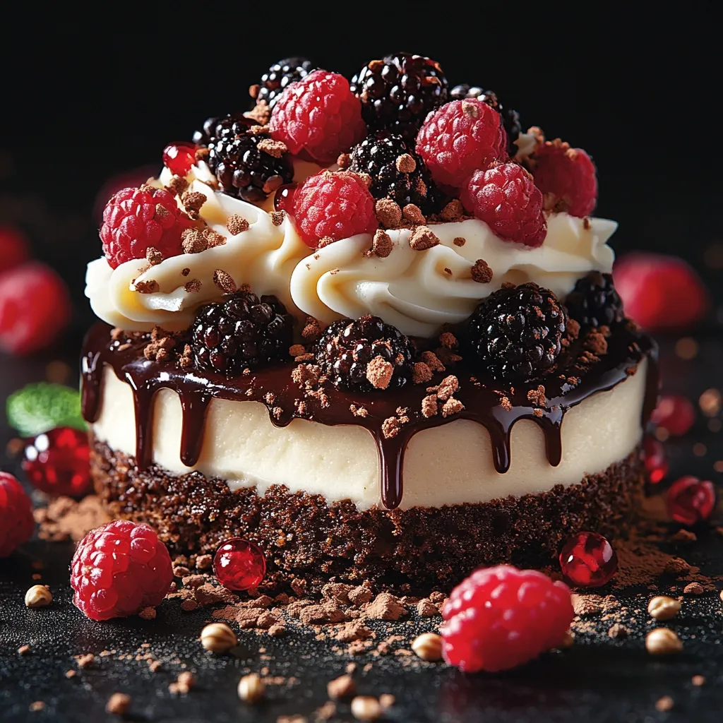 A decadent mini cheesecake is adorned with a generous swirl of creamy frosting, a cascade of rich chocolate ganache, and a vibrant mix of fresh raspberries and blackberries.  The chocolate crumbles and cocoa powder dusting add texture and visual appeal.  The dessert sits on a dark surface, surrounded by additional berries, creating a visually stunning and delicious treat.