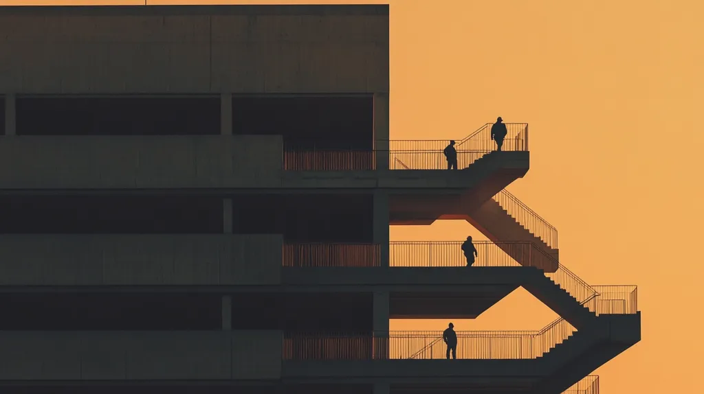 Silhouetted figures stand on several levels of an outdoor concrete staircase. The building's geometric design is stark against the warm orange sunset.  The image emphasizes the contrast between the architectural lines and the human scale, creating a feeling of both isolation and connection.  The dark silhouettes stand out vividly against the bright background.