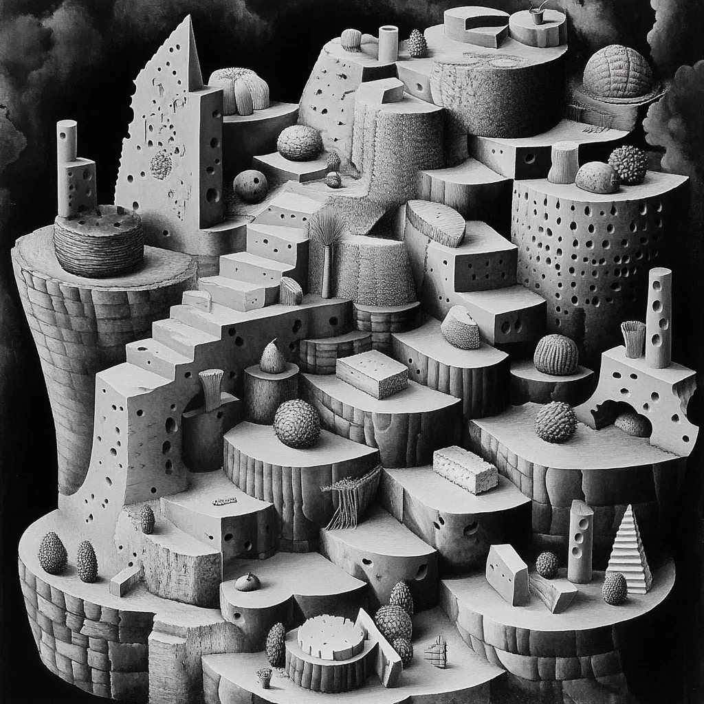 A monochromatic artwork depicts a surreal landscape composed of various cheese-like forms.  These structures, ranging from jagged peaks to smooth, cylindrical shapes, are intricately arranged, creating a complex, mountainous terrain.  Holes and textures suggest a porous, organic quality. Smaller, spherical elements are scattered throughout, adding to the overall fantastical and dreamlike atmosphere.  The style is reminiscent of precisionist art, with a meticulous rendering of forms and shadows.