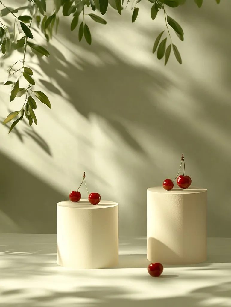 Two creamy white cylindrical pedestals sit on a light surface, each topped with two fresh, vibrant red cherries.  A single cherry rests on the surface nearby.  Overhead, leafy green branches cast dappled shadows, creating a serene, minimalist scene bathed in soft sunlight. The overall aesthetic is clean, modern, and subtly evokes a sense of summer.