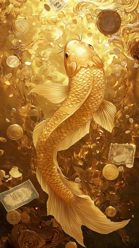 A golden koi fish swims amidst a sea of gold coins and currency.  The fish is intricately detailed, its scales shimmering.  The background is a rich, textured gold, suggesting opulence and wealth.  The overall impression is one of prosperity and good fortune, symbolic of the koi's traditional representation.  Dollar bills and various coins are scattered throughout the scene.