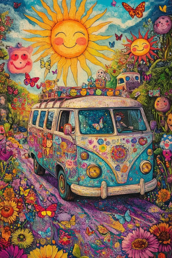 A vibrant, psychedelic painting depicts a Volkswagen bus adorned with colorful flowers and smiling suns, traveling along a road strewn with blossoms and butterflies.  The bus is overloaded with whimsical characters and objects.  Smiling suns and cheerful faces abound in this whimsical, joyous scene, evoking a feeling of peace and happiness.  The overall style is reminiscent of 1960s counter-culture art.